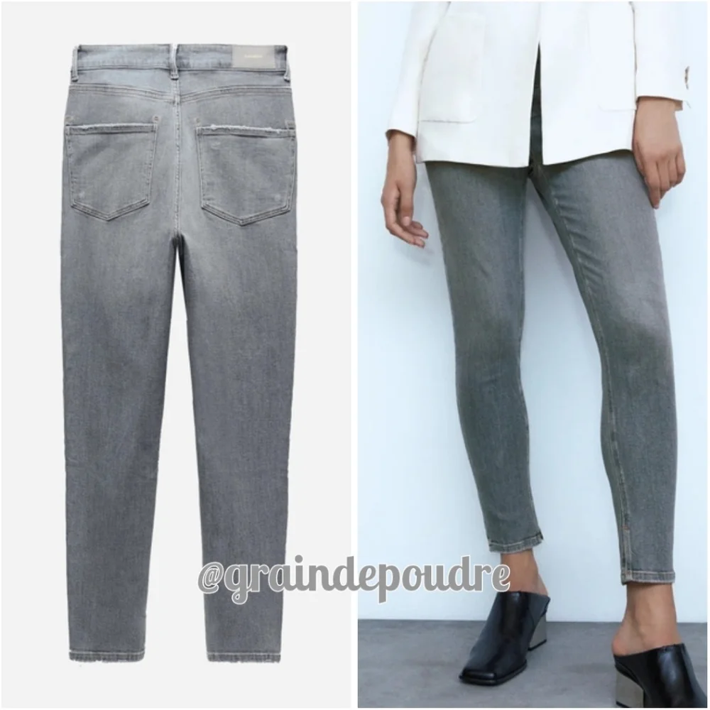 New! Zara Light Gray Button Fly Skinny Cropped Jeans 34 2 - Picture 2 of 3